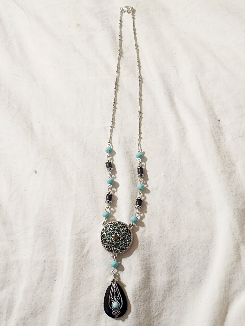 Silver-tone Turquoise & Black Pendant Necklace